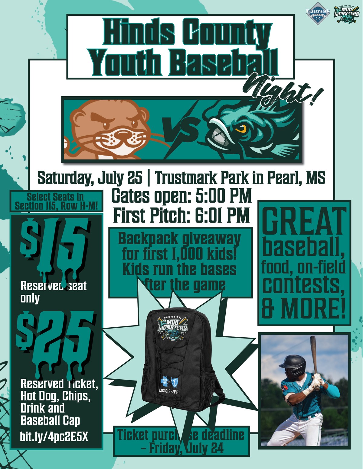 Hinds County Youth Baseball Night at Trustmark Park - Saturday, July 25. Click to buy tickets.